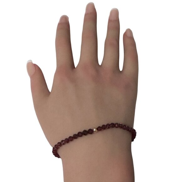 Garnet Micro Faceted Gemstone Beaded Stretch Bracelet 14K Gold Accent Bead - Picture 8 of 8
